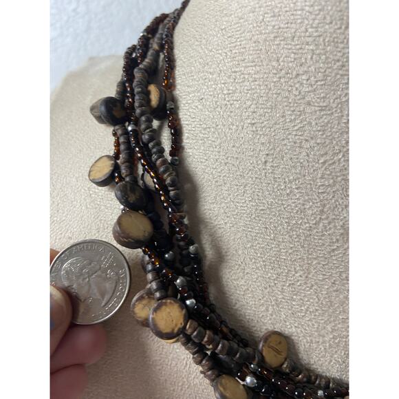 Vintage Brown Layered Wood Bead Necklace Repaired Clasp - Picture 2 of 4